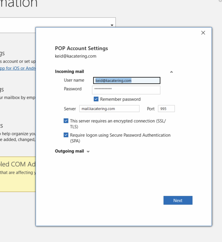 Incoming email settings example