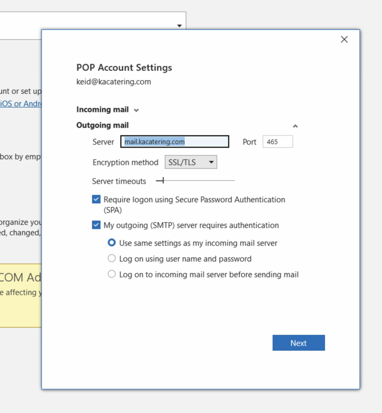 Outgoing SMTP email settings example